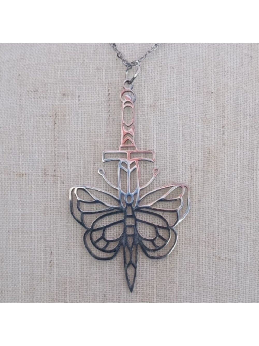❤️ 2/$20 Dagger Butterfly Grunge Y2k Alt Stainless Steel Necklace NWT Handmade